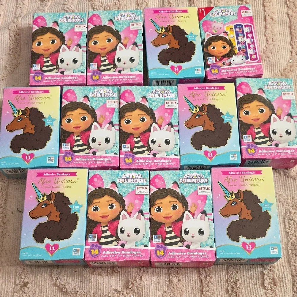 Gabby's Dollhouse And Afro Unicorn Adhesive Bandages,‎ 13 Boxes, New
